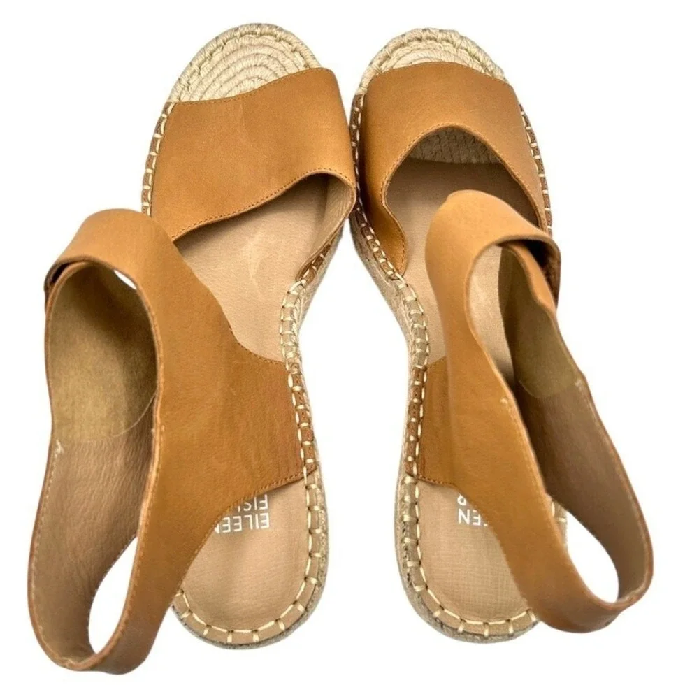Eileen Fisher Tan Leather Espadrille‎ Wedge Sandals Ankle Strap Womens Size 11